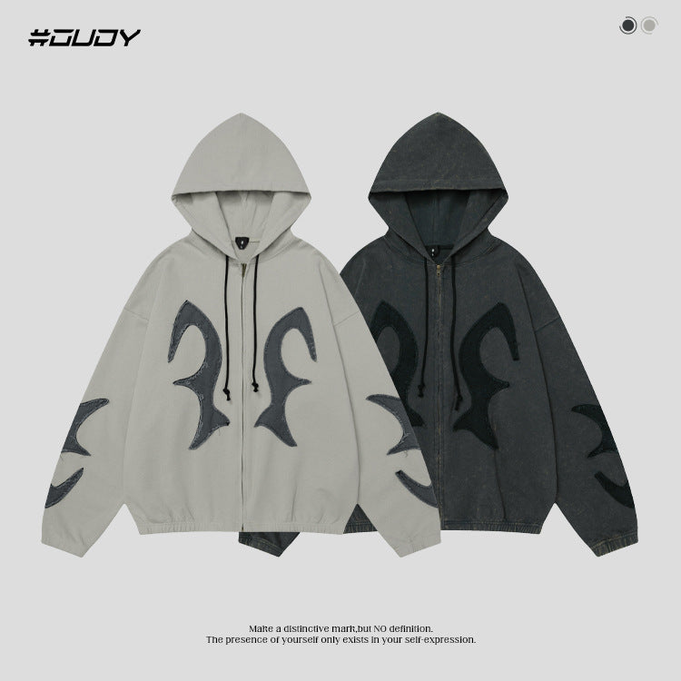 #OVDY Retro distressed fried wash jacket heavy hoodie Zipper Jacket