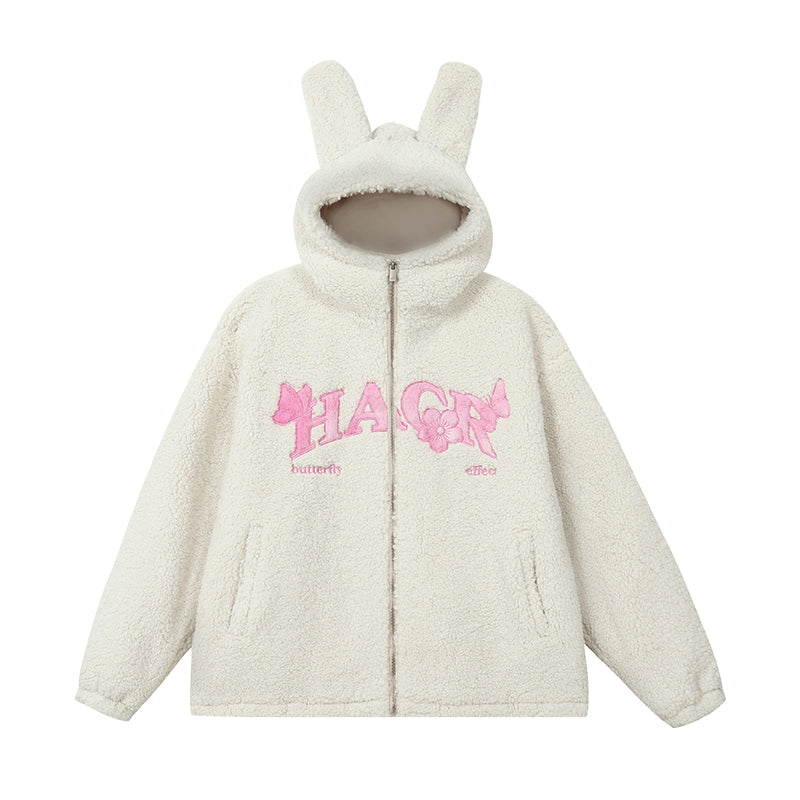 Harshandcruel Plush Ears Butterfly Floral Patch Embroidered Lambswool Hoodie