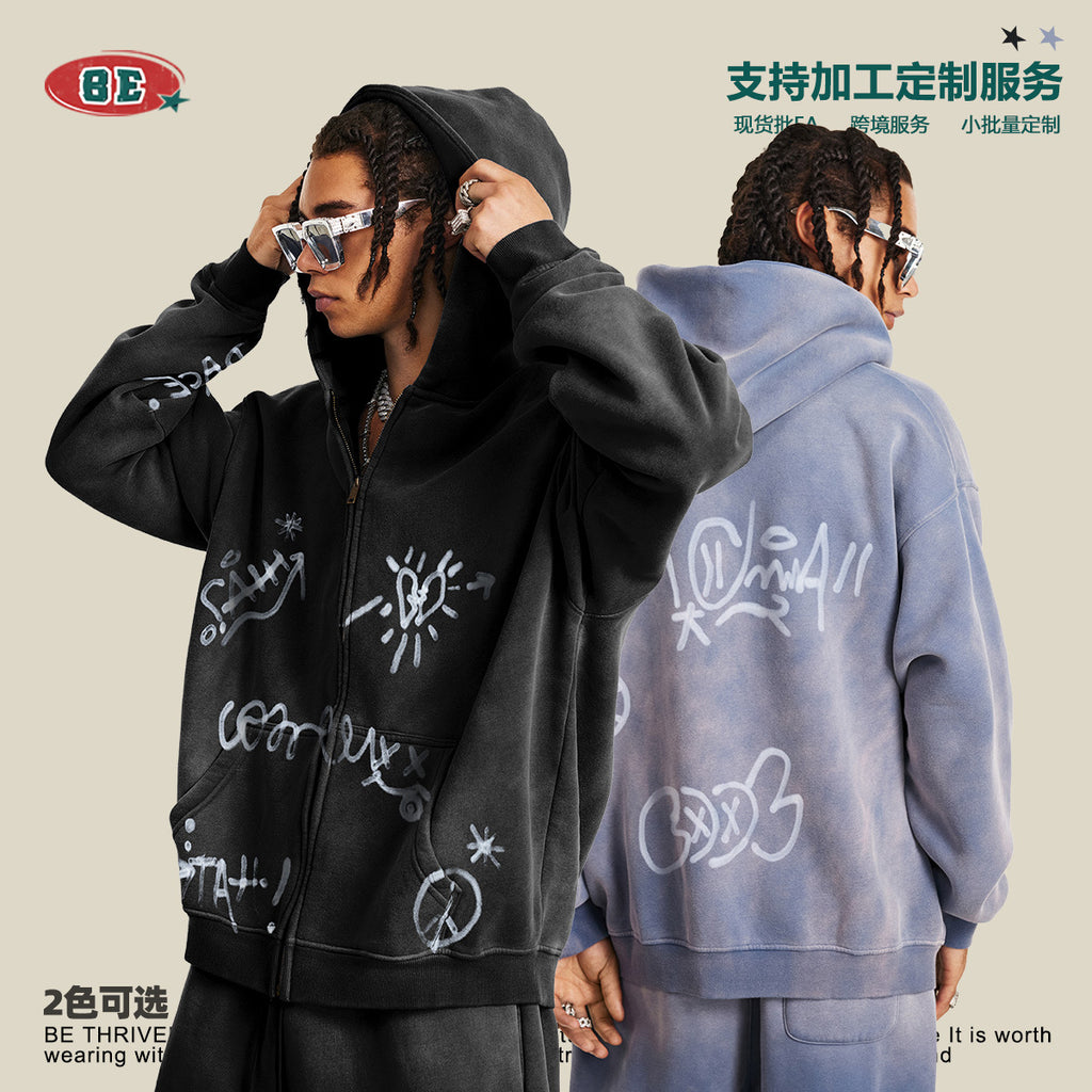 BE Winter Graffiti Hand-Painted On Zipper Hoodie