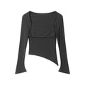 Nariele Square Neck Solid Color Slim Fit Crop Top Irregular Hem Long Sleeve T-Shirt