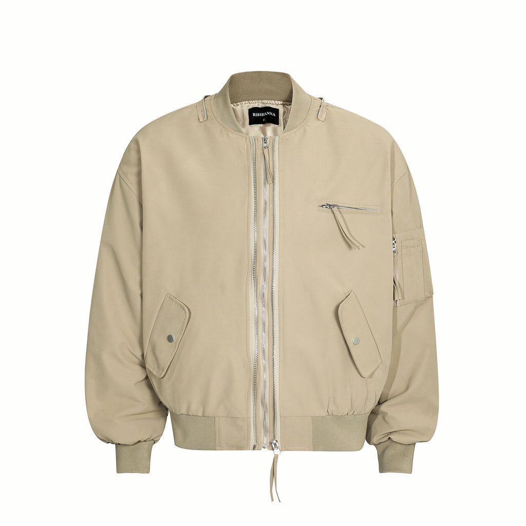 BTSG Heavy Duty Double Zipper Multi Pocket Cropped Bomber Jacket