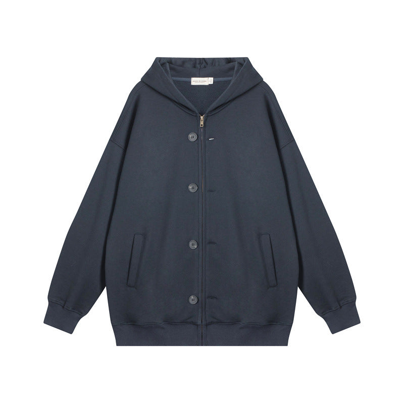 Nariele Retro Style Button Zipper Sweatshirt Loose Unisex Hoodie Jacket