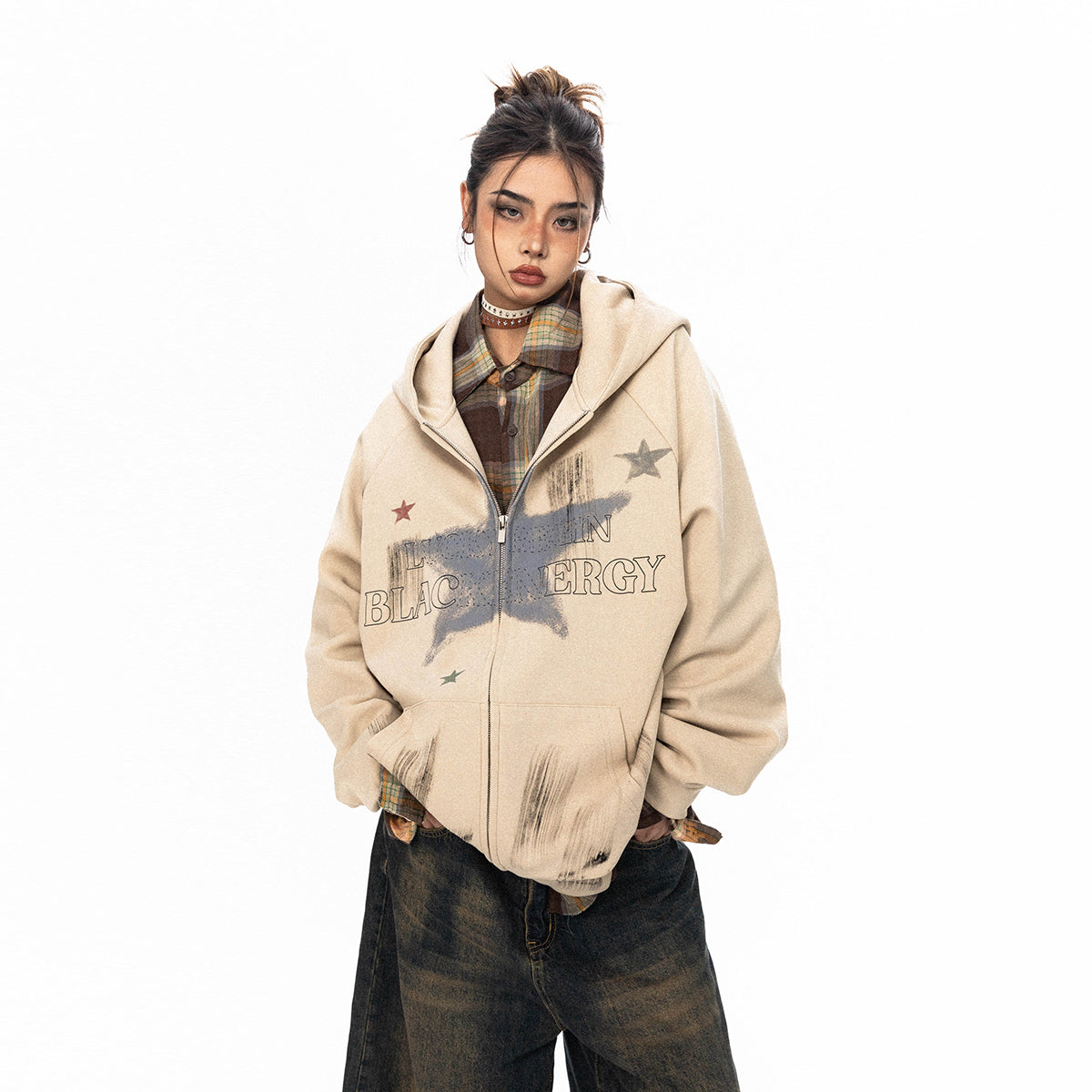 سترة BLACKBB بغطاء رأس وطبعة نجوم أمريكية مطلية بسحاب