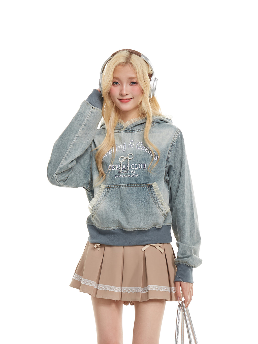 NERESUM Lace Patchwork Denim Hoodie Sweatshirt Trendy Preppy Street Cropped Hoodies