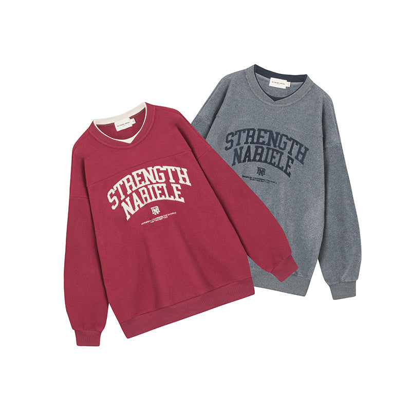Nariele Unisex Cross Neck letter patch embroidery fake two-piece Casual sweatshirt