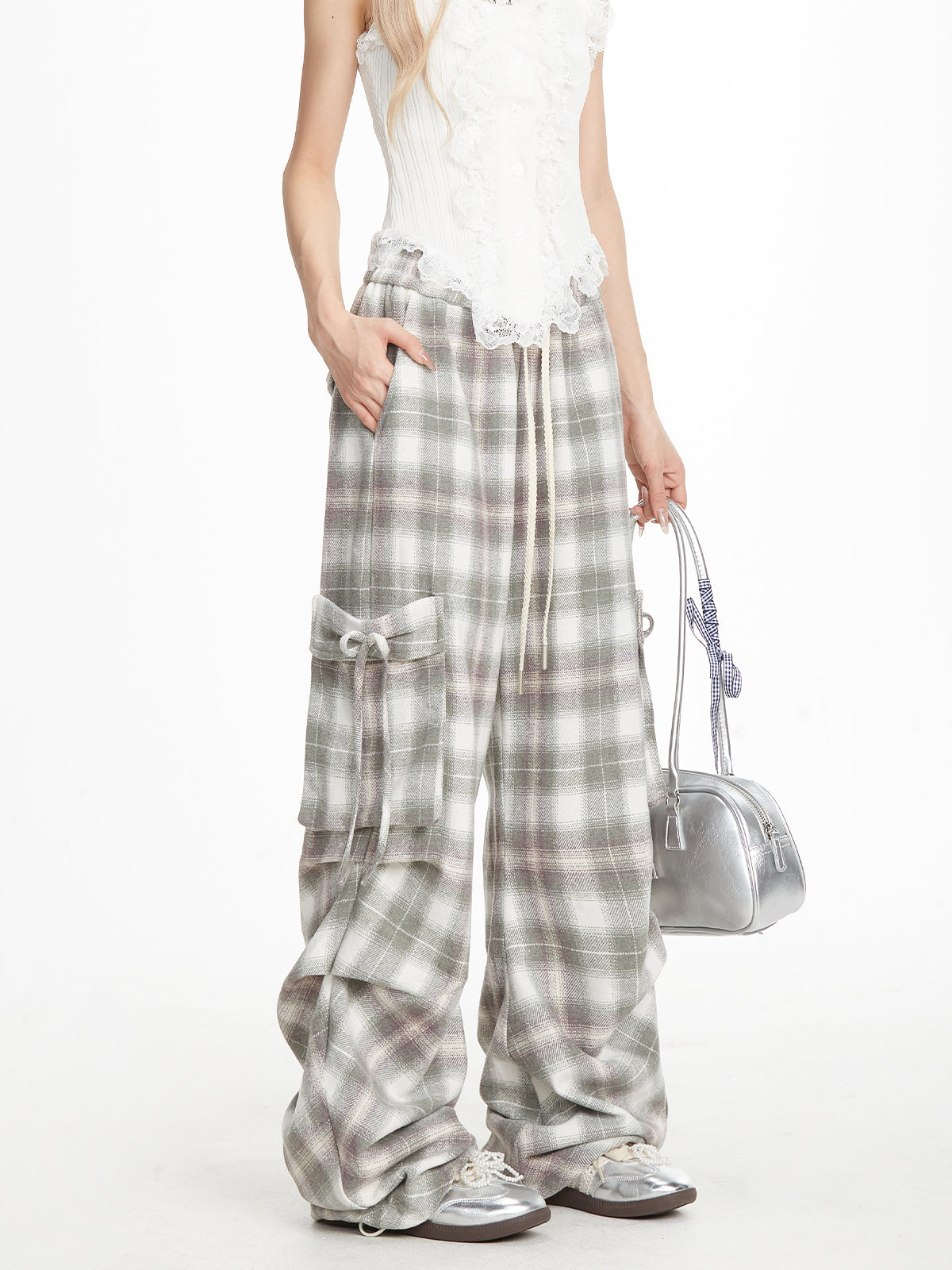 NERESUM Ballet Sweet Cool Bow Strappy Plaid Pants Slim Straight Casual Cargo Pants