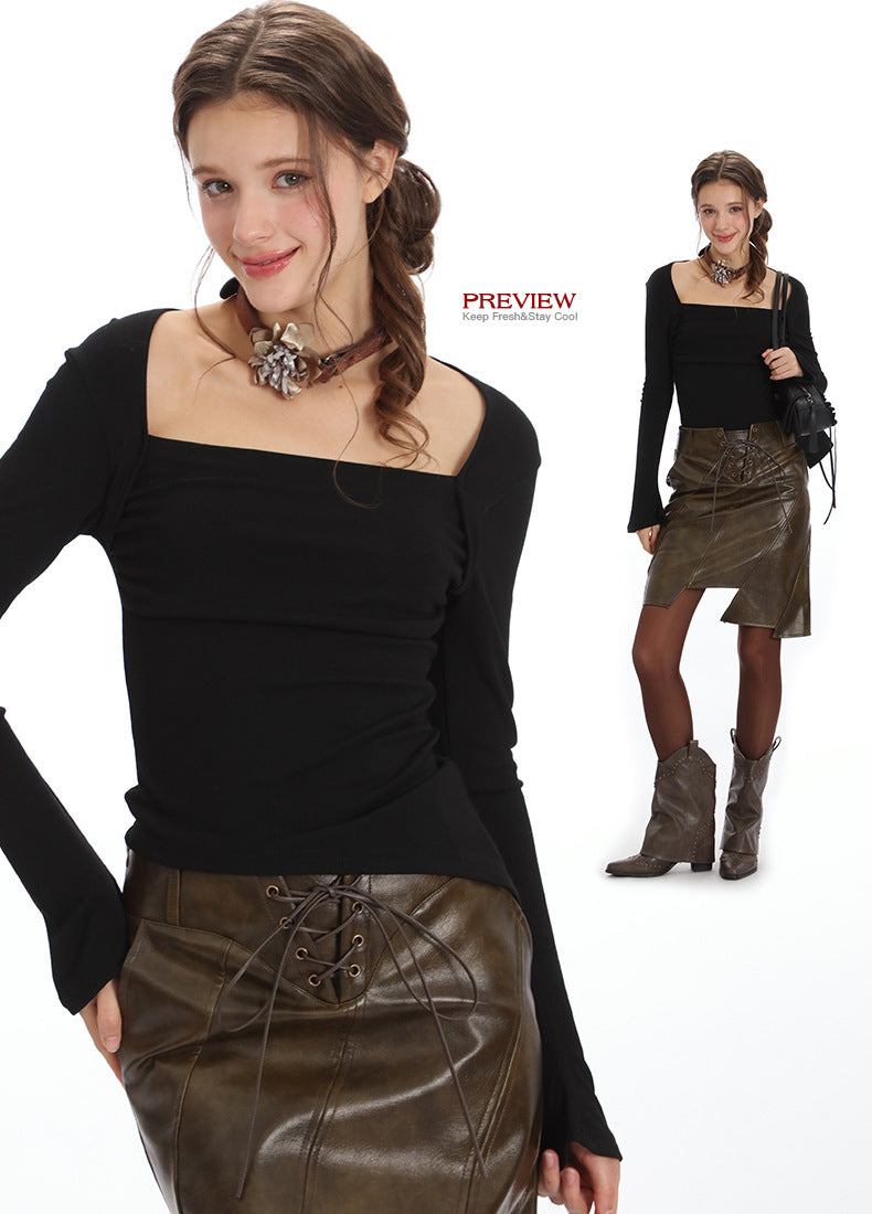 Nariele Square Neck Solid Color Slim Fit Crop Top Irregular Hem Long Sleeve T-Shirt