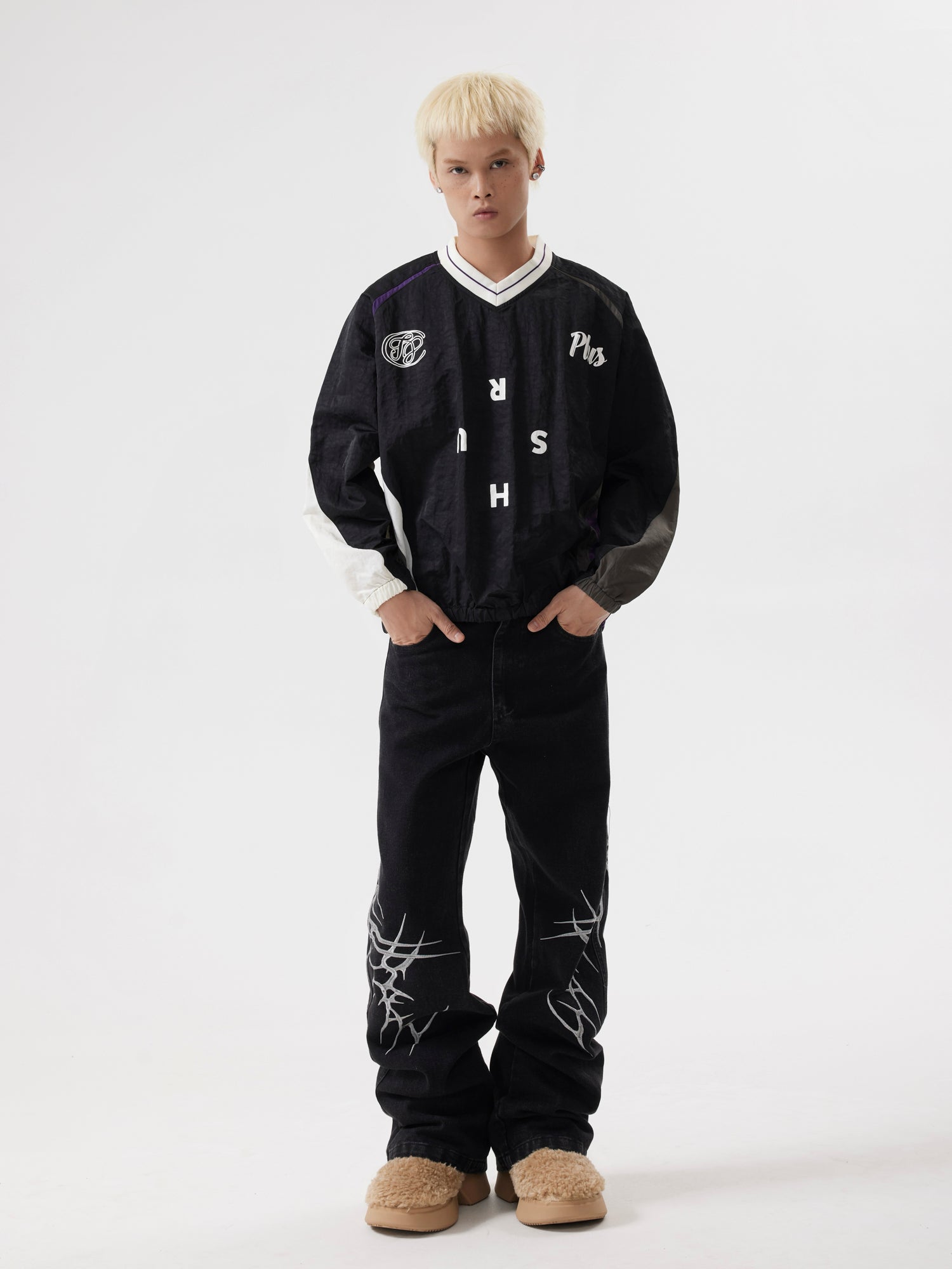 BTSG Niche Vintage Wash Thorn Embroidery Bootcut Jeans