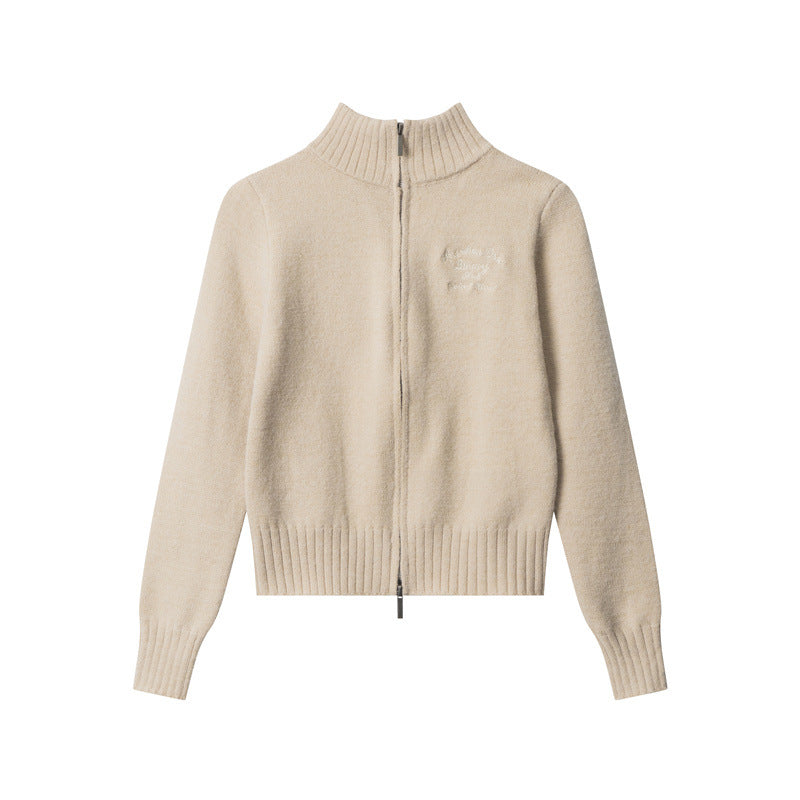 Nariele knitted cardigan letter embroidery knit sweater stand collar slim cropped Top