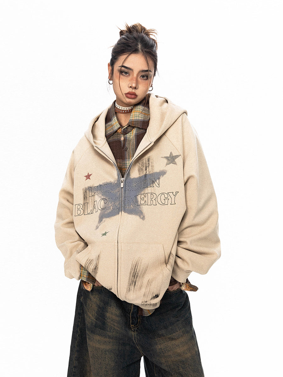 BLACKBB American Painted Star Print Hooded Cardigan Zip Up Jacket