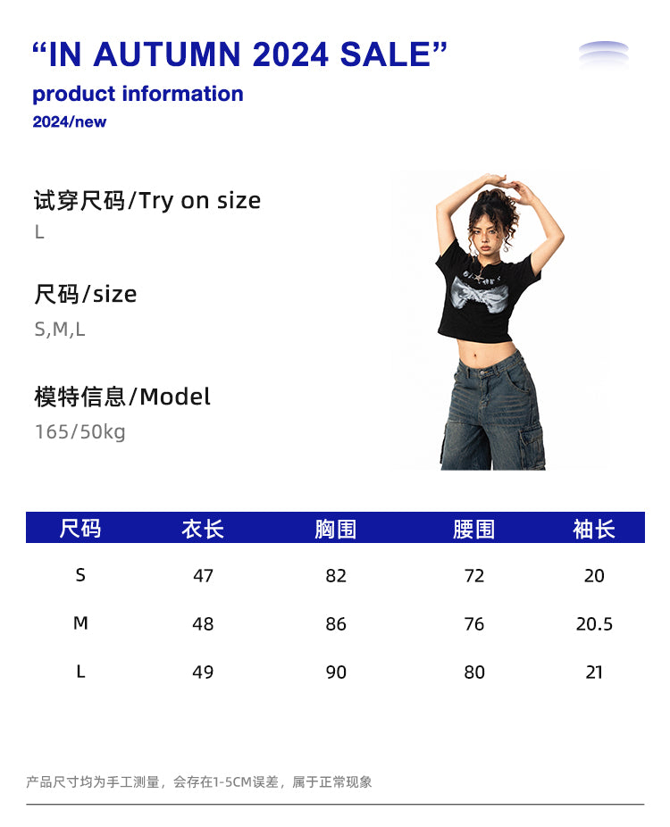 BLACKBB Hot Diamond Bow Print American Basic Retro Slim Fit Women Tee