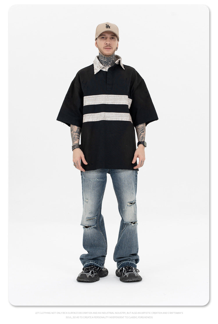 "clearance" FORGIVNESS Distressed Polo Dirty Dye Lapel Silhouette Double Short Sleeve Tee