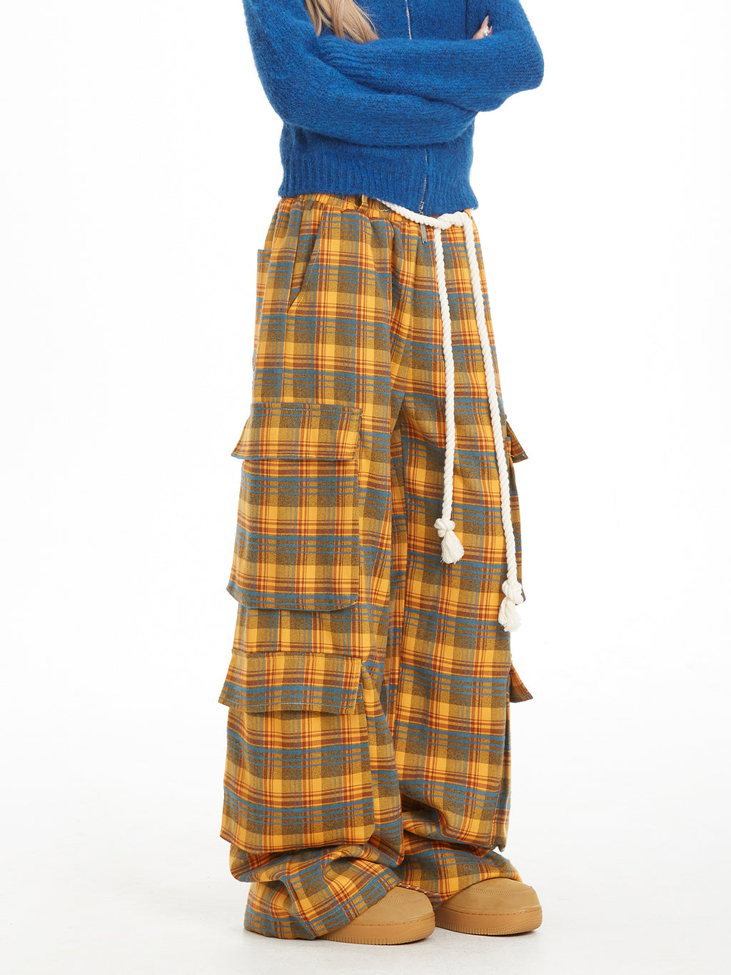 NERESUM Pant Retro Lazy Plaid Pants Trendy Design Casual Straight Cargo Pockets Pants