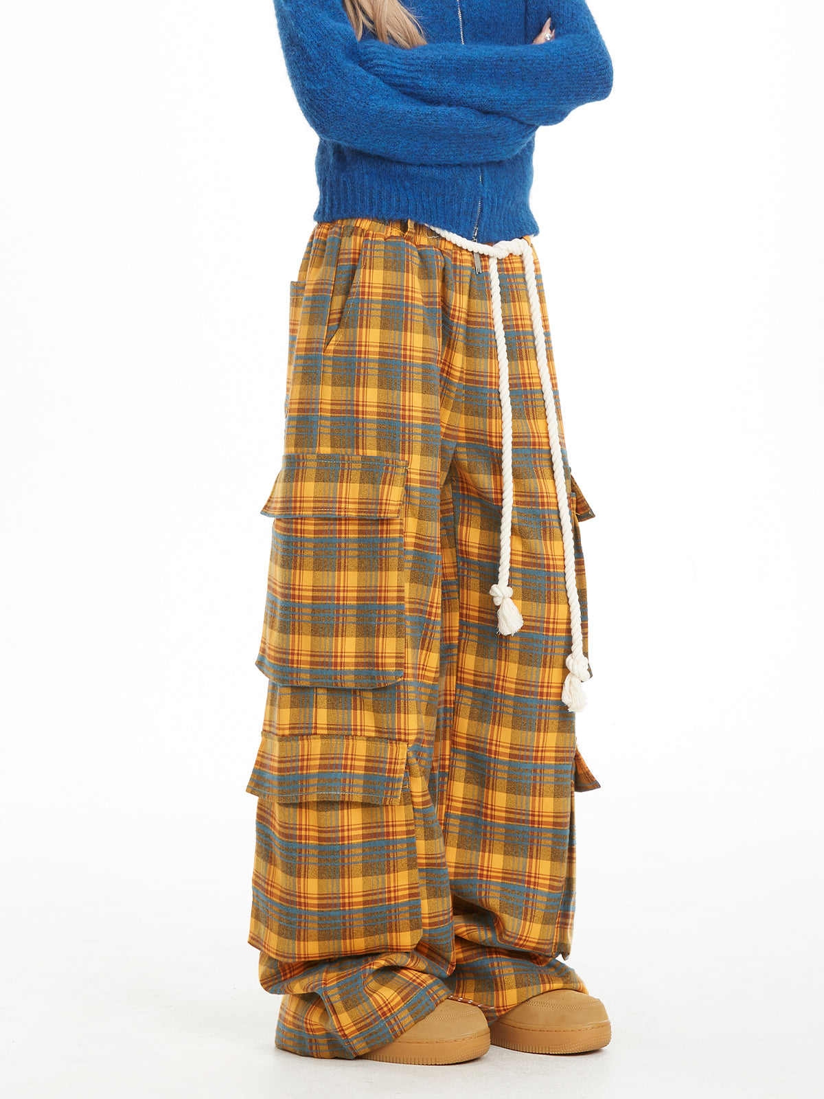 NERESUM Pant Retro Lazy Plaid Pants Trendy Design Casual Straight Cargo Pockets Pants