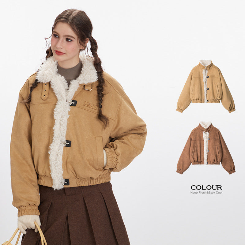 Nariele American retro stand collar Fur loose short  jacket