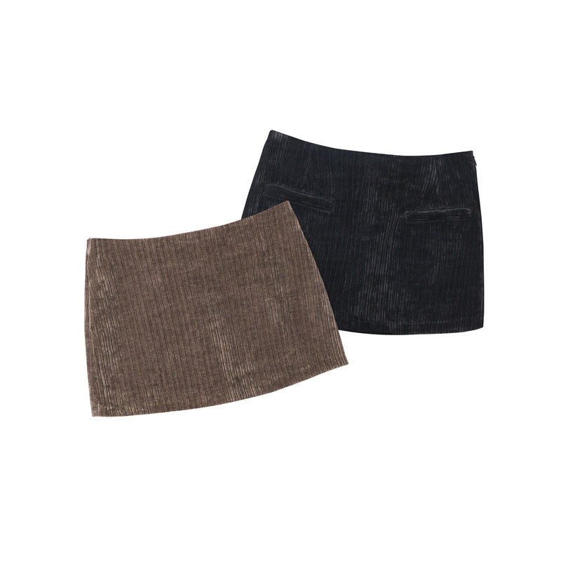 Nariele High Waist Slim Solid Corduroy Short Skirt