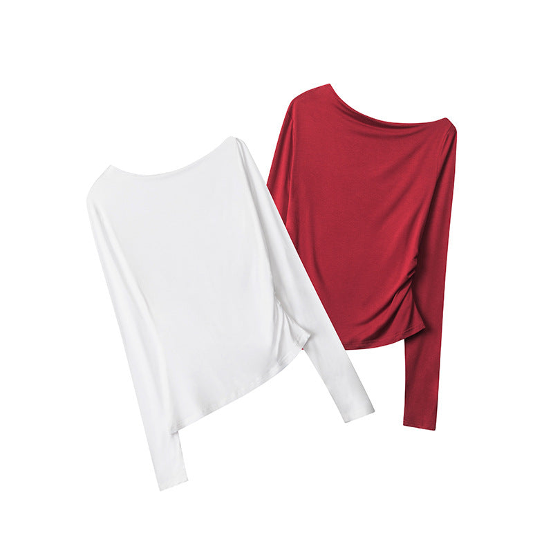 Nariele Elegant Irregular Slim T-Shirt Long Sleeve  Slope Collar Top