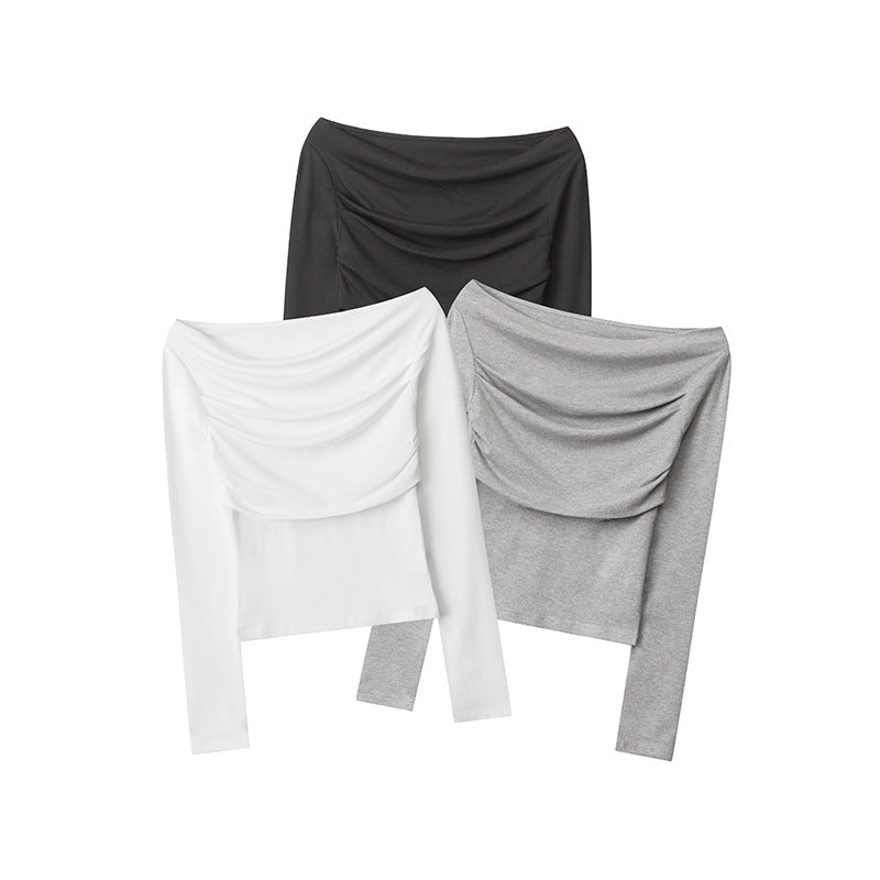 Nariele Multi-pleated Straight Neck Off-shoulder Long Sleeve T-Shirt