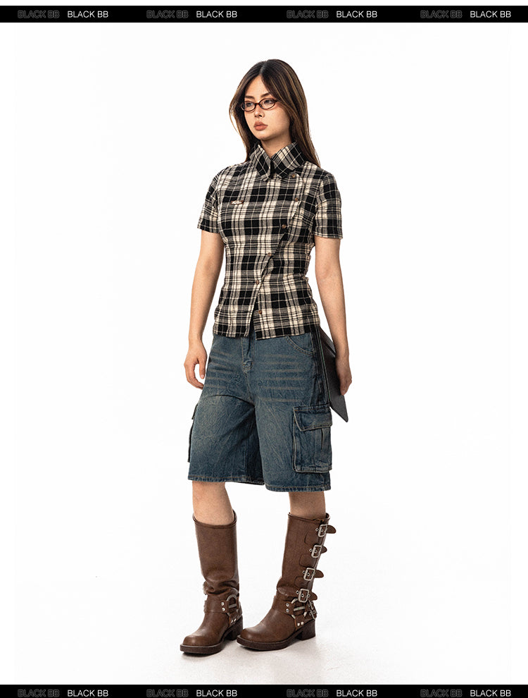 Pre-loved Diagonal Placket Check Skinny Shirt Slim Fit Tee