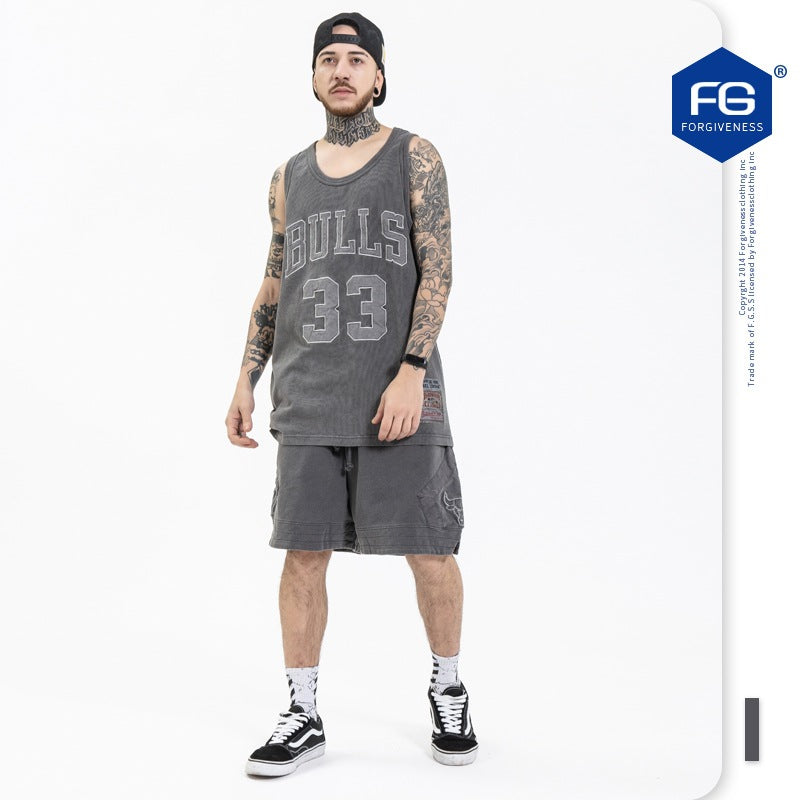 FORGIVNESS  Washed Distressed Retro Bull Head Embroidery Basketball Short