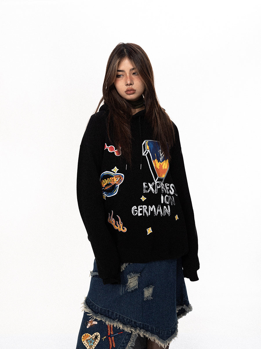 BLACKBB هوديي من الصوف الفضفاض بطباعة الرسوم المتحركة