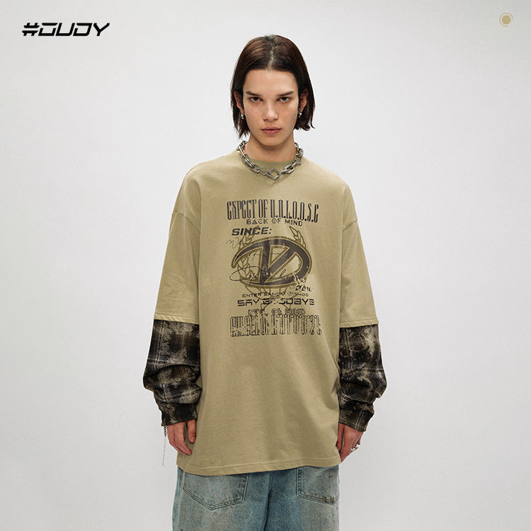 #OVDY Fake Two Pieces Camouflage Stitched Loose Crew neck Sweatshirt