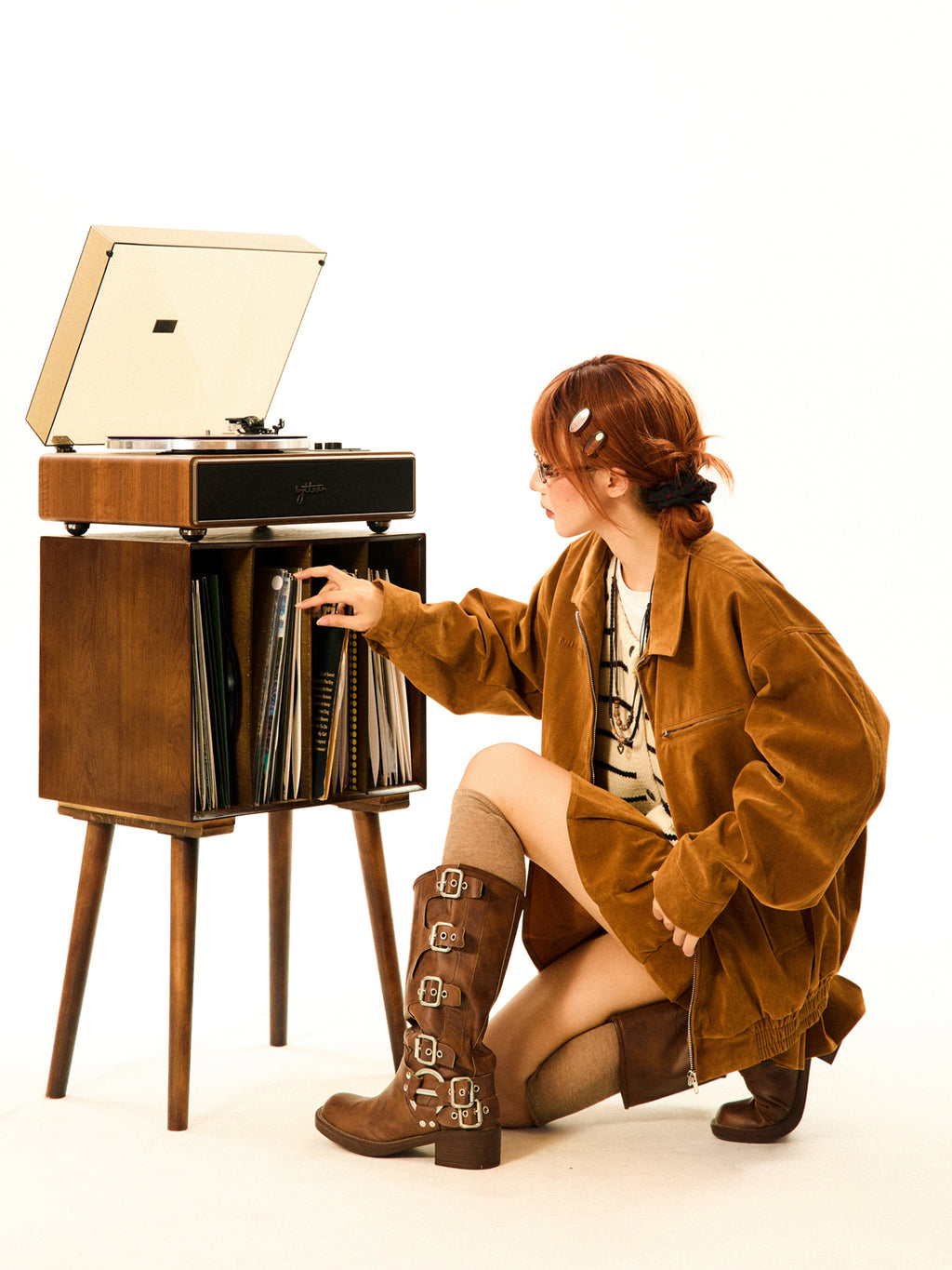 Mershier FEMALE BROWN SUEDE JACKET JACKET SKIRT SET
