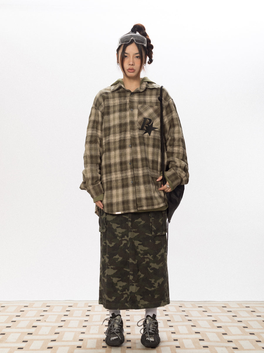 BLACKBB Vintage Plaid Flocked B Letter Print Shirt