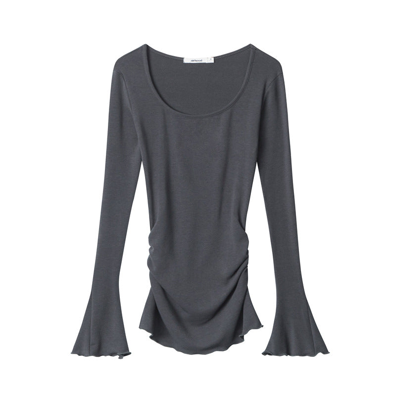 Nariele Thin Ruffle Design Bell Sleeve Sweet Babes Irregular Slim Long Sleeve Top