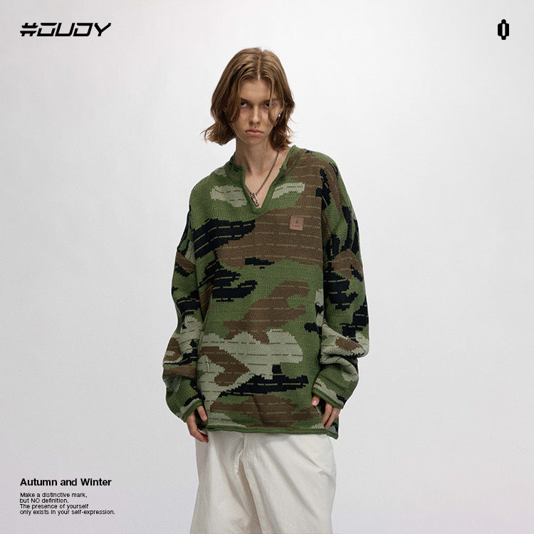 #OVDY  Unisex Thermal Jacquard Craft V-Neck Camouflage Knitwear Sweater
