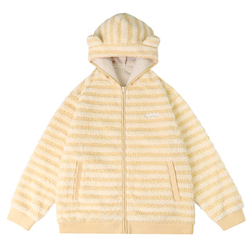 NERESUM Bear Ear Striped Fleece Hoodie Jacket Winter Cute Loose Thin Cotton Jacket