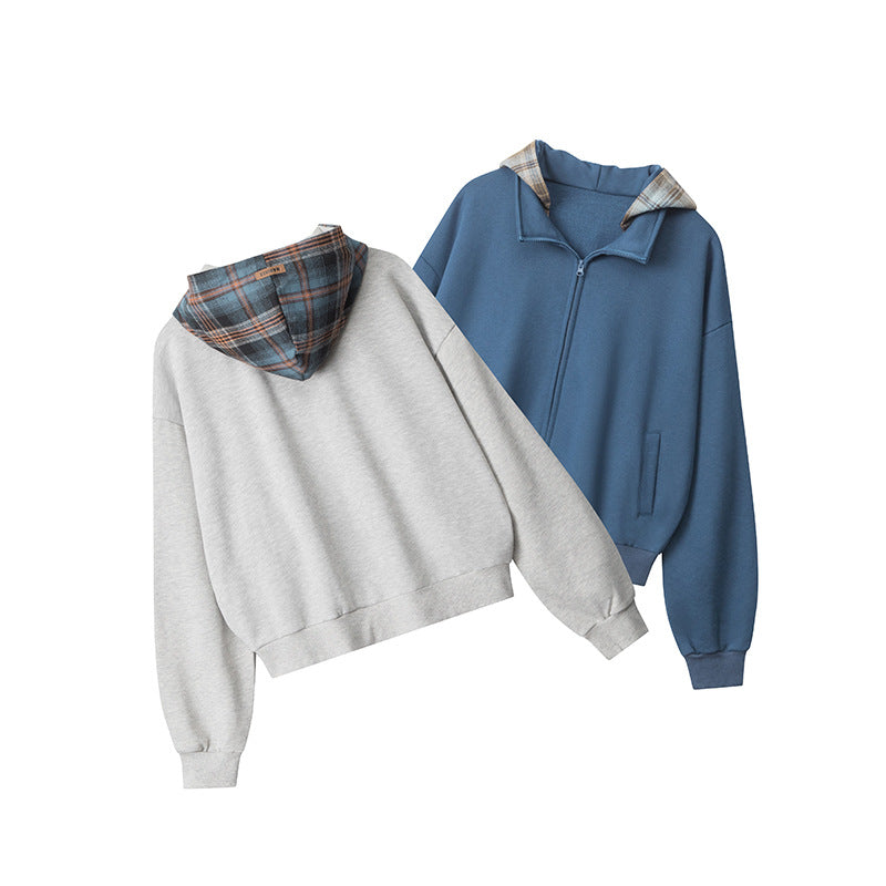 Nariele Fake Two-piece Hoodie Retro Loose Plaid Patchwork Jacket