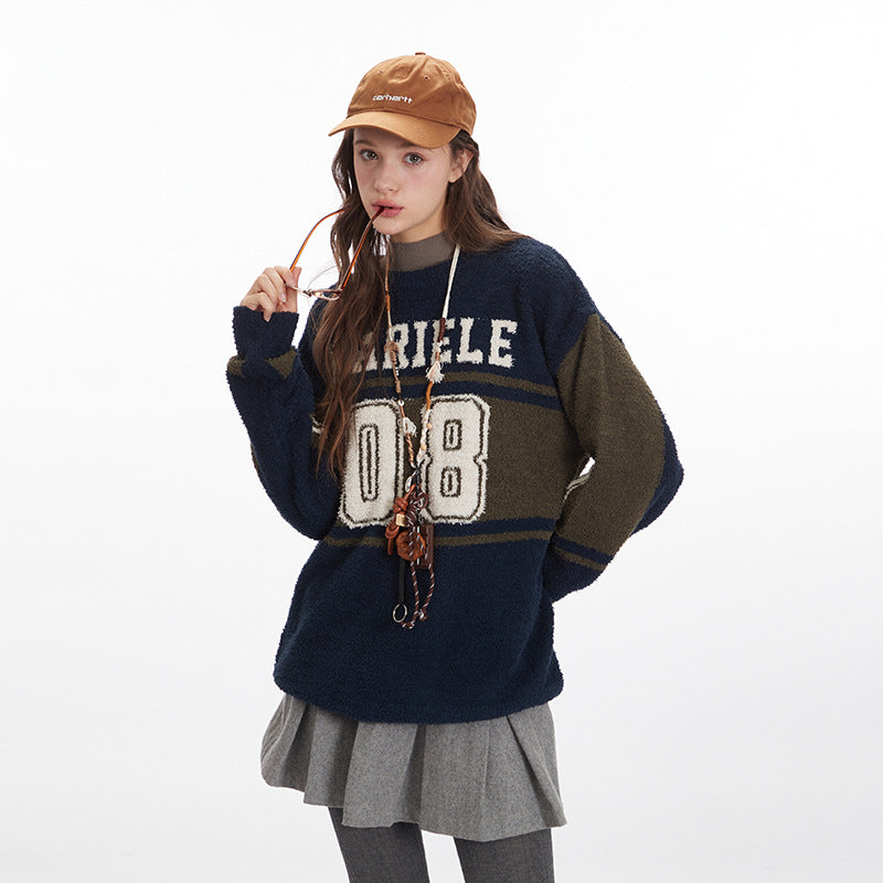 Nariele Unisex Loose Letter College Style Crew Neck Pullover Knit Sweater