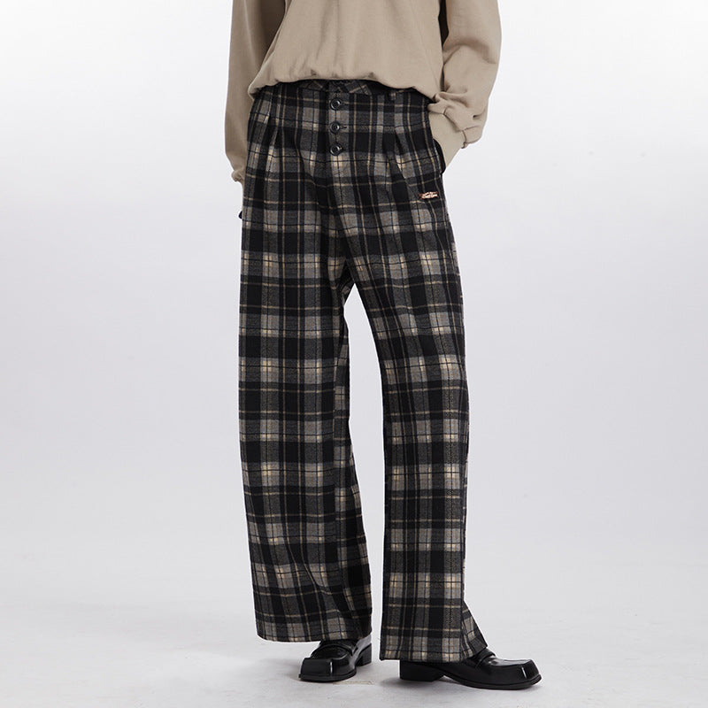 Nariele American Vintage Plaid Pants High Waist Wide Leg Straight Pants