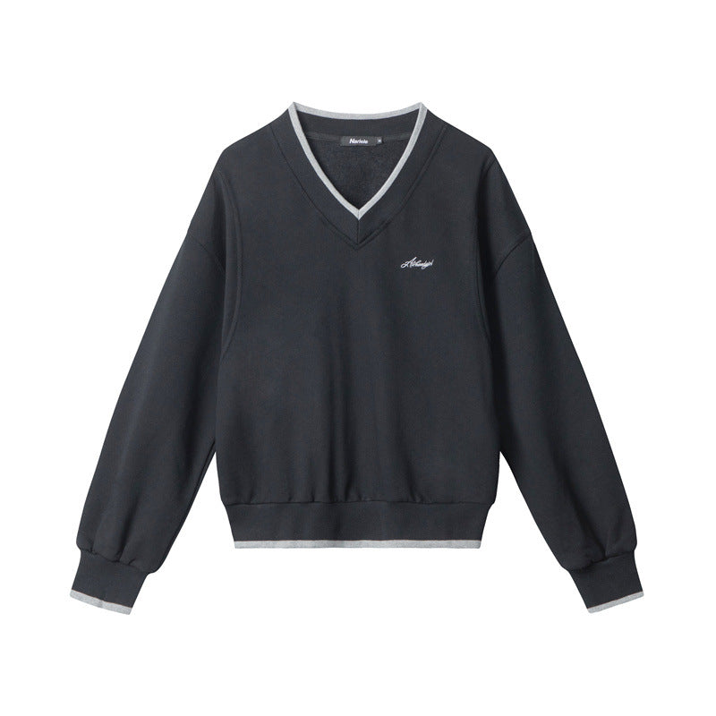 Nariele V-neck top lazy style new contrasting casual sweatshirt trendy retro loose long-sleeved Top