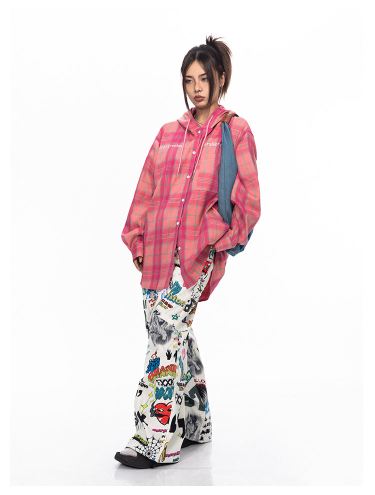 BLACKBB قميص زوجين فضفاضة مطرزة الوردي الصدر