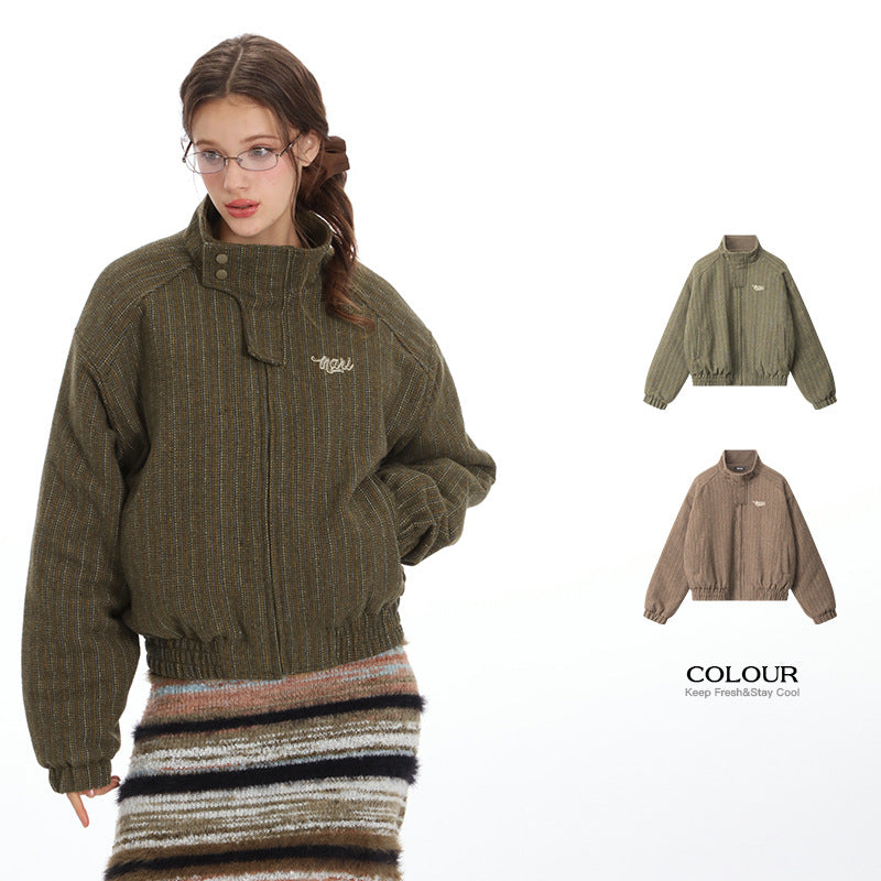 Nariele Puffy Casual Cropped Jacket Retro Loose Zip Padded Jacket