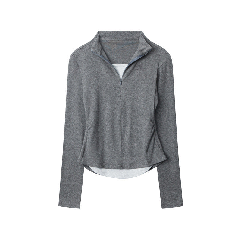 Nariele Fake Two-Piece Stand Collar Long Sleeve T-Shirt  Slim Zipper Top