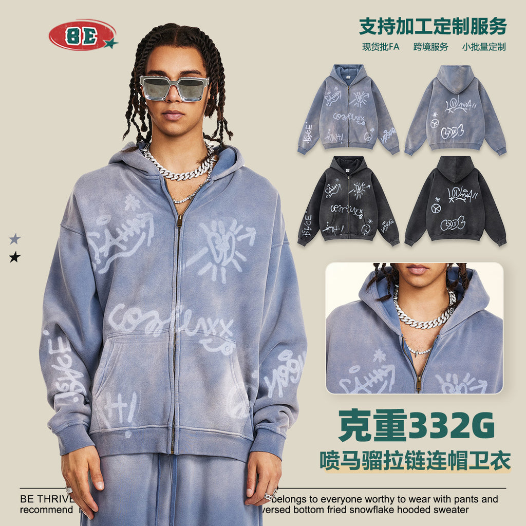 BE Winter Graffiti Hand-Painted On Zipper Hoodie