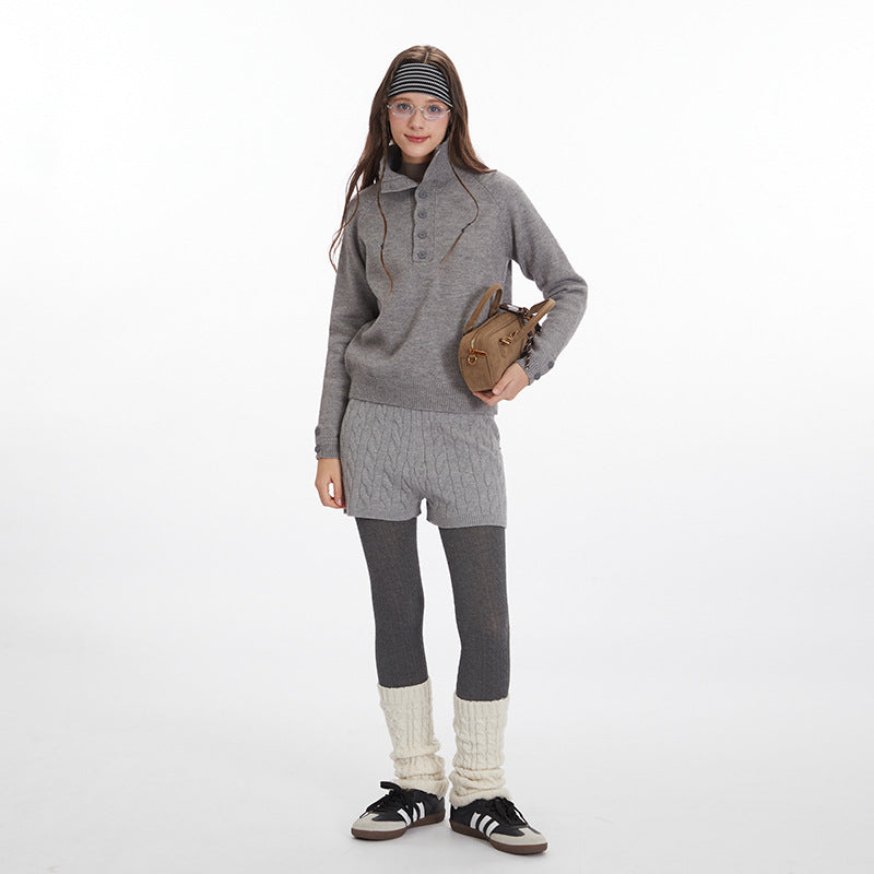 Nariele Stand Neck Buttons Sweater Knit Solid Color Base Waer Thermal Top