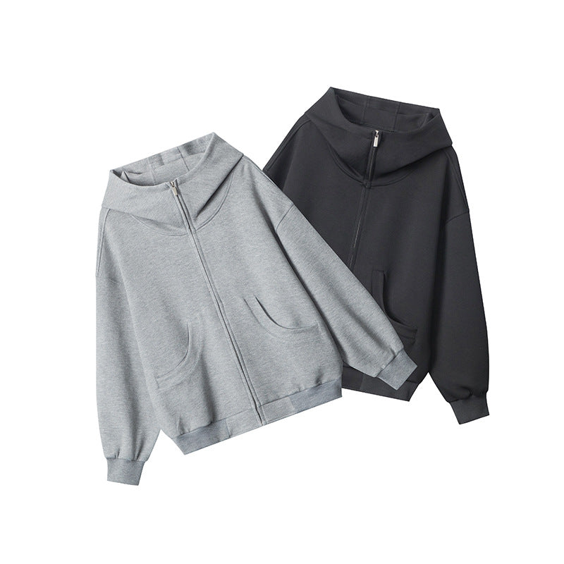Nariele Retro Style Heavy Hoodie Trendy Zipper Solid Color Jackets