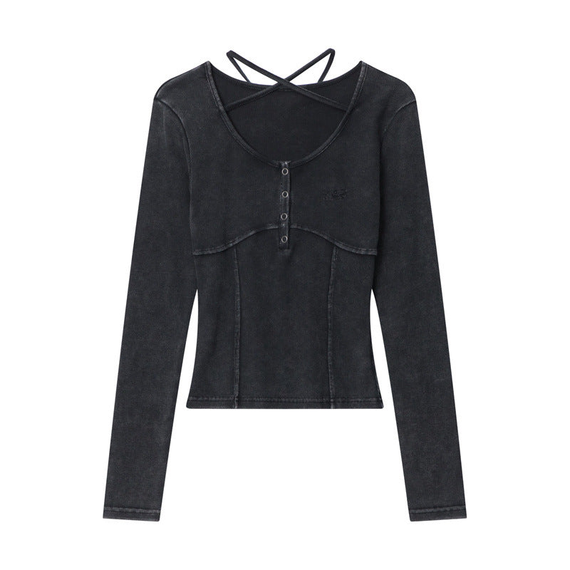 Nariele American solid color lace-up long sleeve Crop Top