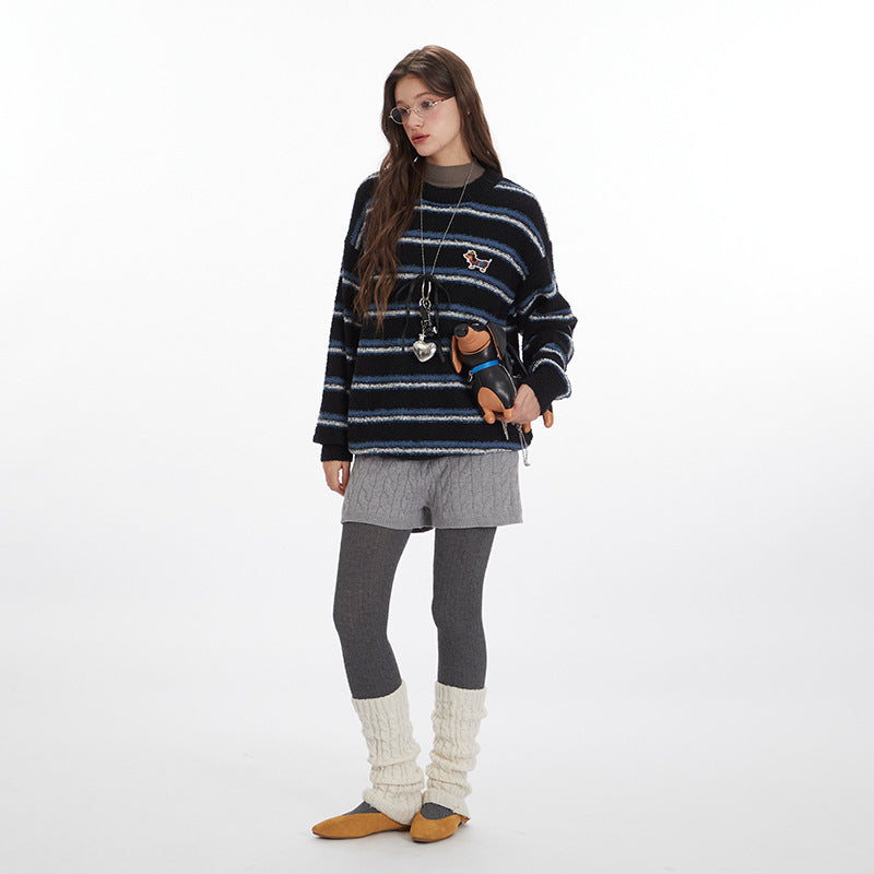 Nariele Retro Striped Crew Neck Sweater Loose Puppy Patchwork Knitwear