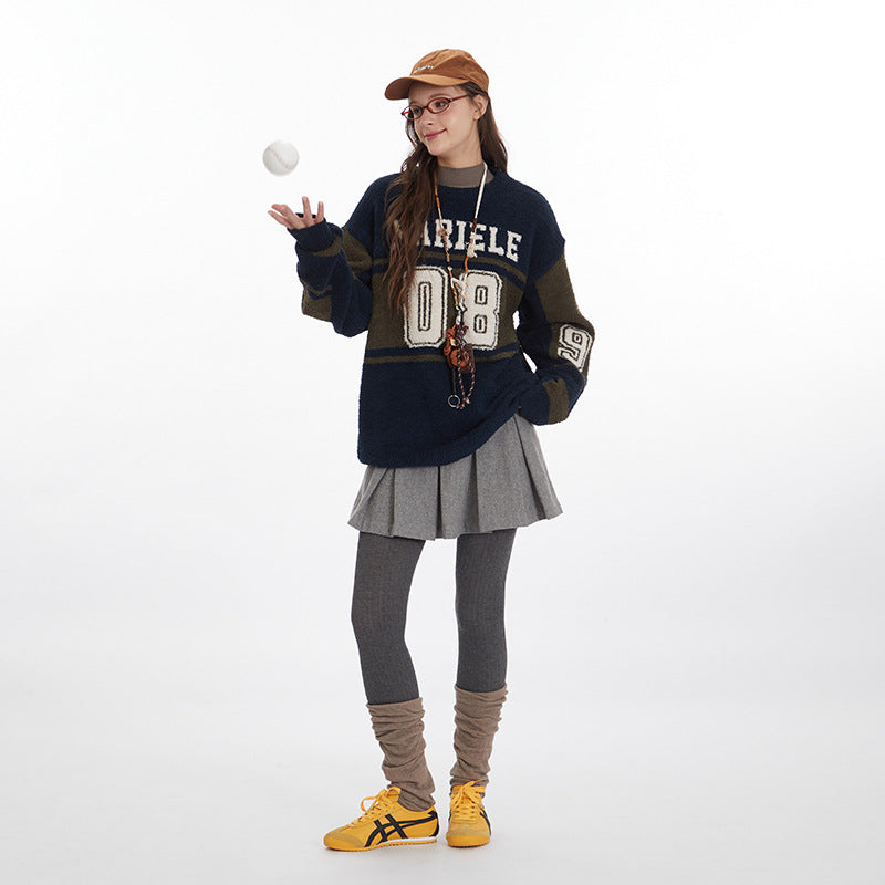 Nariele Unisex Loose Letter College Style Crew Neck Pullover Knit Sweater