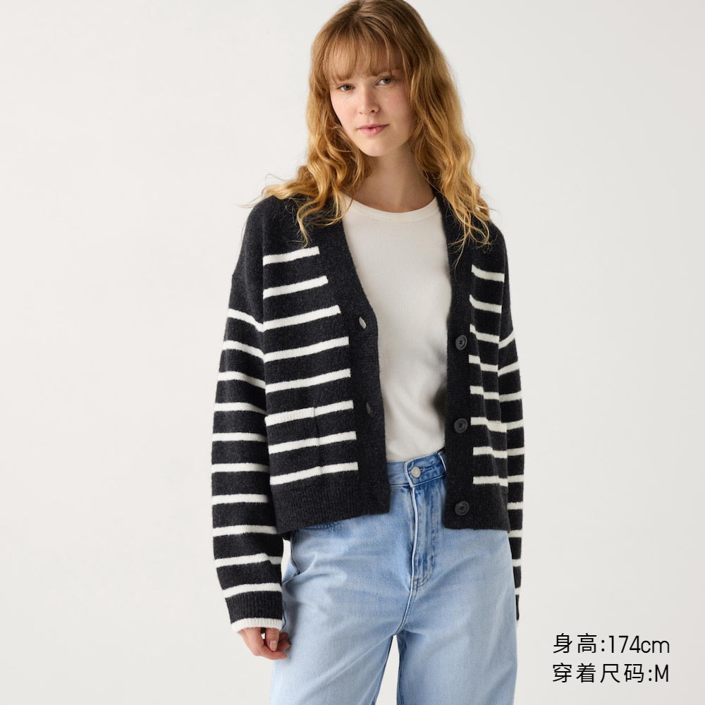 UNIQLO Women's Soufflé V-neck Striped Knitted Short Cardigan Long Sleeved