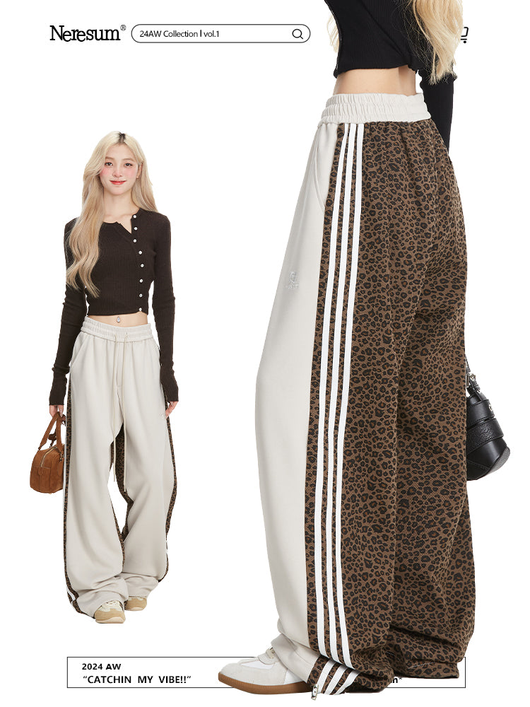 NERESUM leopard print sweatpants American retro hip hop loose striped sports straight-leg Sweatpants