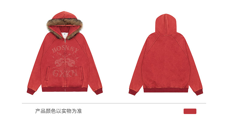 سترة BLACKBB ذات ياقة من الفرو البني الأمريكي بسحاب وطبعة