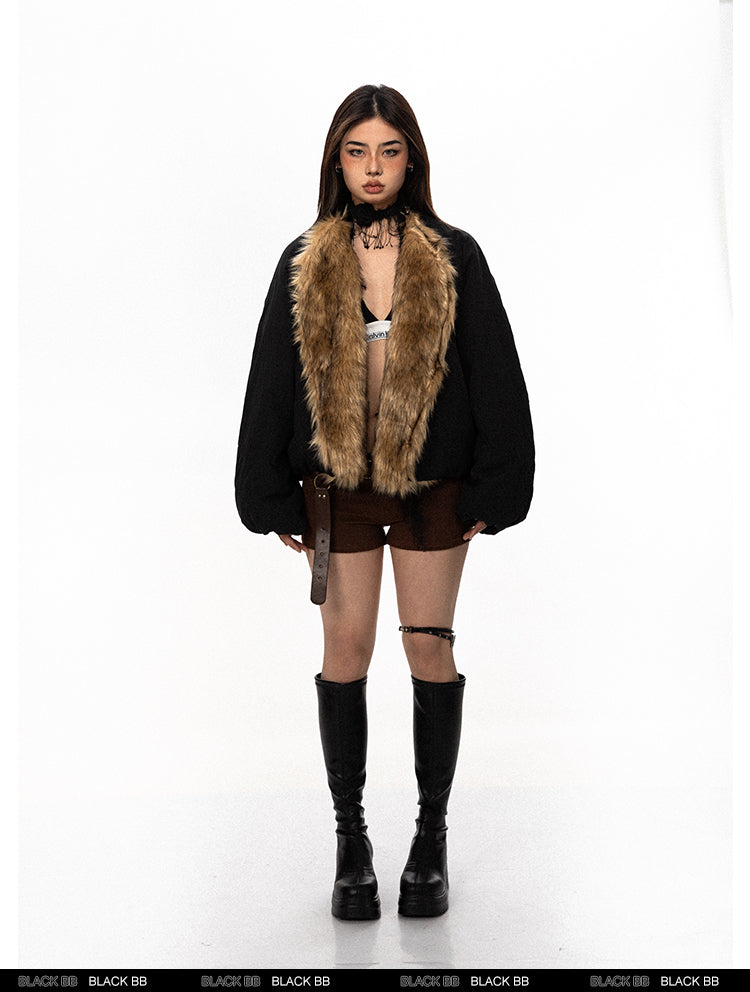 سترة BLACKBB بياقة فرو واسعة من القطن