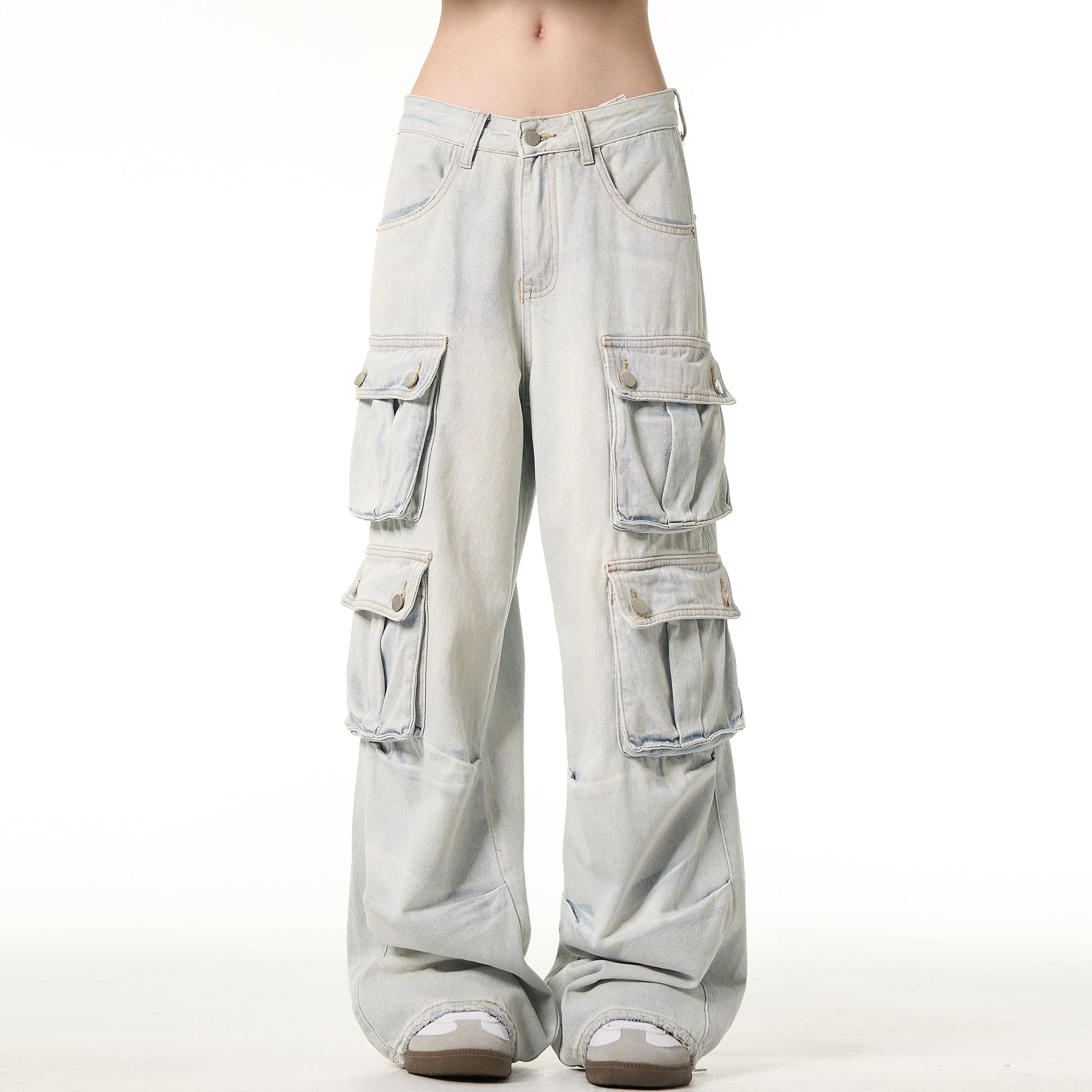 MADWITCH Washed Light Cargo Jeans Loose Multi-pocket Design Pants