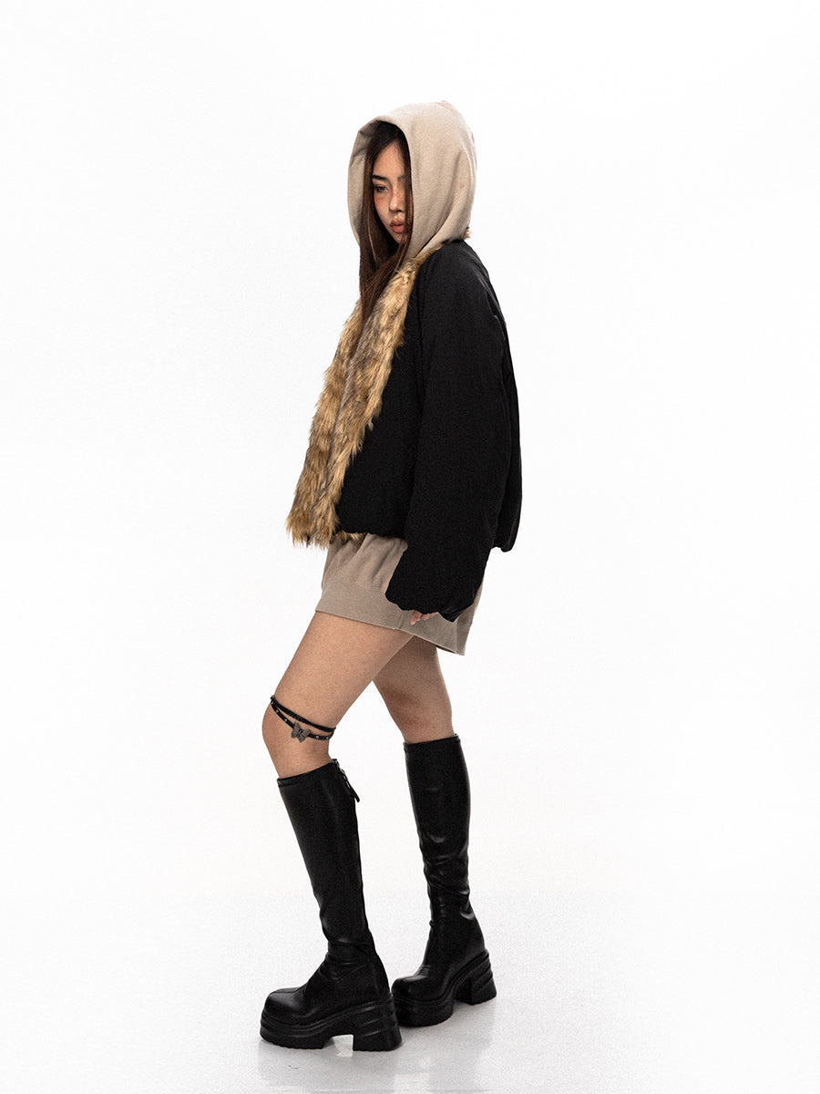 سترة BLACKBB بياقة فرو واسعة من القطن